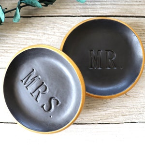 Ring Dishes, Ring Holder, Couples Gift, Wedding, Engagement Gift, MR and MRS, Matte Black, Gold image 5