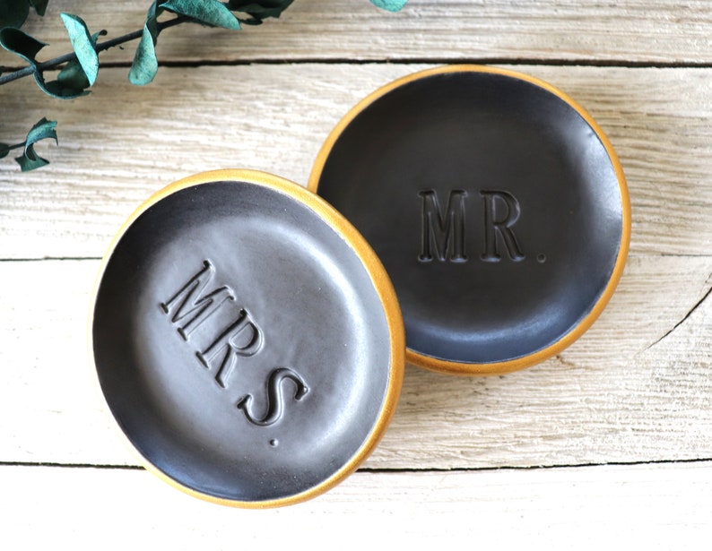 Ring Dishes, Ring Holder, Couples Gift, Wedding, Engagement Gift, MR and MRS, Matte Black, Gold image 5