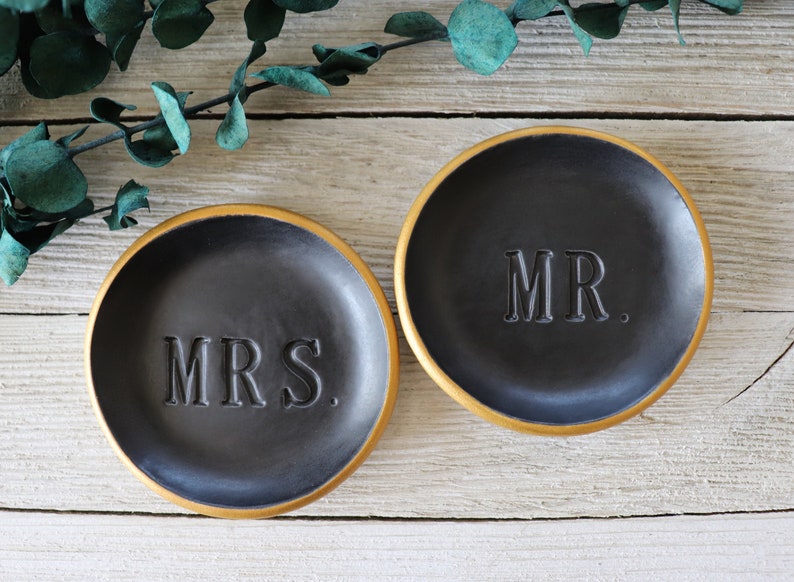 Ring Dishes, Ring Holder, Couples Gift, Wedding, Engagement Gift, MR and MRS, Matte Black, Gold image 7