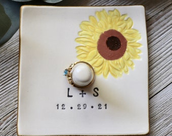 Personalized Ring Dish, Sunflower, Ring Holder, Sunflower Trinket Dish, Ring Cone Dish