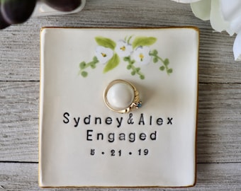Personalized Engagement Ring Dish, Hand-Painted Floral, Unique Wedding Gift