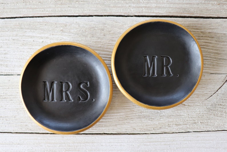 Ring Dishes, Ring Holder, Couples Gift, Wedding, Engagement Gift, MR and MRS, Matte Black, Gold image 6