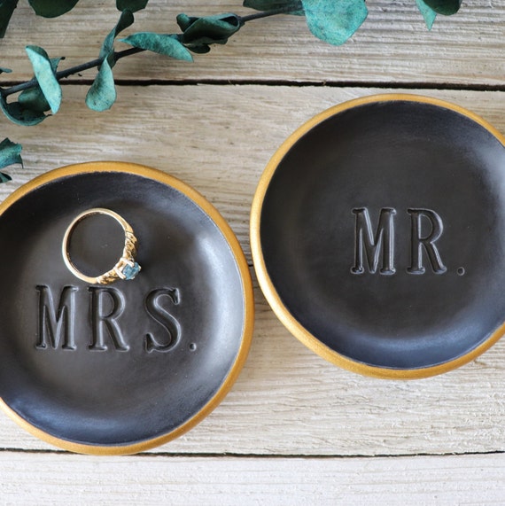 Ring Dishes, Ring Holder, Couples Gift, Wedding, Engagement Gift, MR and MRS, Matte fashion Black, Gold