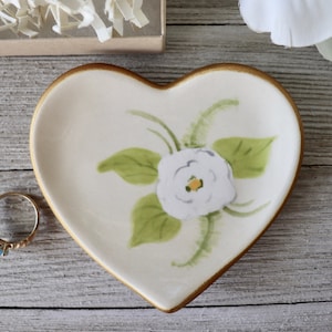 Ring Dish, Heart, White Flower, Gift for Her, Handmade Pottery, Hand Painted, CLEARANCE