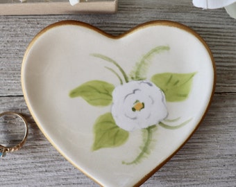 Ring Dish, Heart, White Flower, Gift for Her, Handmade Pottery, Hand Painted, CLEARANCE