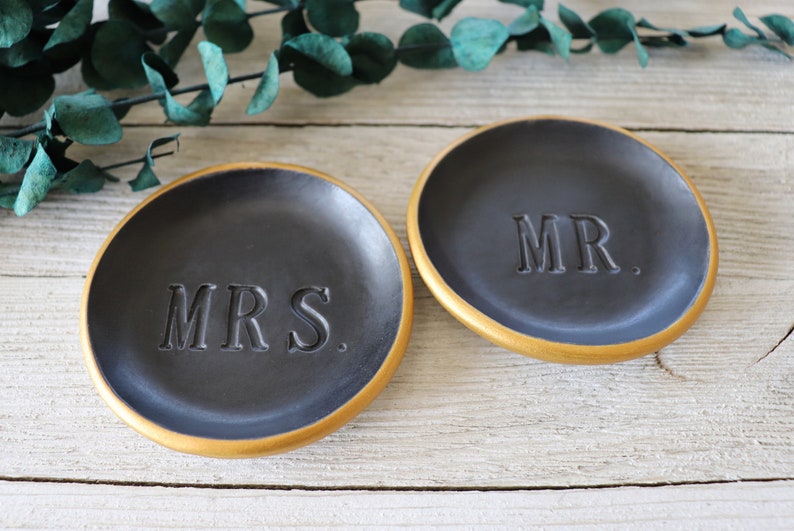 Ring Dishes, Ring Holder, Couples Gift, Wedding, Engagement Gift, MR and MRS, Matte Black, Gold image 9