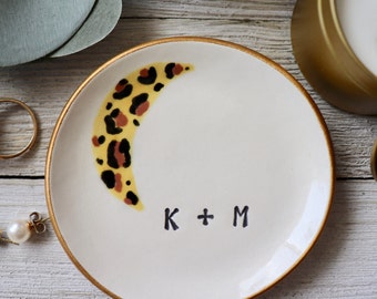 Ring Dish, Personalized, Moon Ring Dish, Celestial, Crescent Moon, Animal Print, Leopard Home Decor, Celestial Wedding Gift