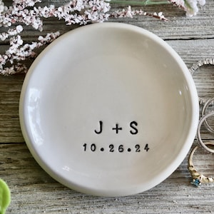 Minimalist Ring Dish with Initials and Date | Wedding or Engagement Gift for Couple | Personalized Handmade Pottery