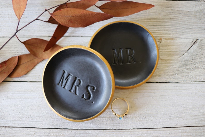 Ring Dishes, Ring Holder, Couples Gift, Wedding, Engagement Gift, MR and MRS, Matte Black, Gold image 8