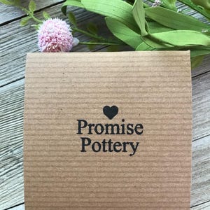 May include: A brown cardboard box with the text "Promise Pottery" and a small heart symbol.