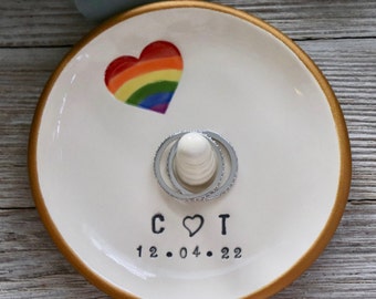 Ring Dish, Rainbow Heart Ring Holder, Personalized, Pride Gift, Rainbow Ring Dish