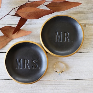 Ring Dishes, Ring Holder, Couples Gift, Wedding, Engagement Gift, MR and MRS, Matte Black, Gold image 1