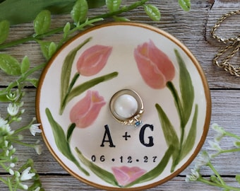 Hand-Painted Tulip Ring Dish, Personalized Engagement Wedding Gift