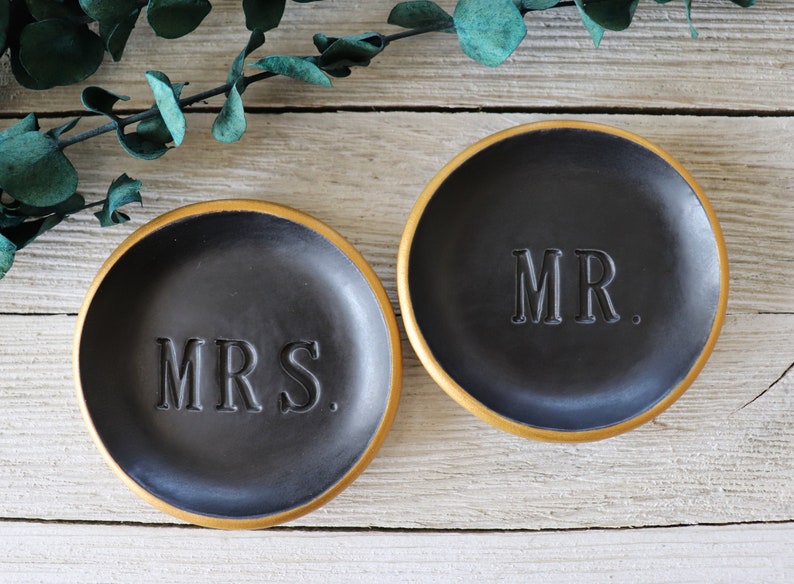 Ring Dishes, Ring Holder, Couples Gift, Wedding, Engagement Gift, MR and MRS, Matte Black, Gold image 10