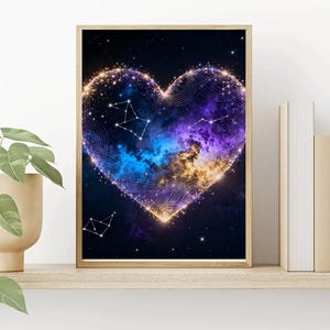 May include: Framed art print featuring a heart-shaped nebula design with constellations. The artwork showcases a vibrant mix of blue, purple, and gold hues, with a constellation outline. The print is set in a light brown wooden frame.