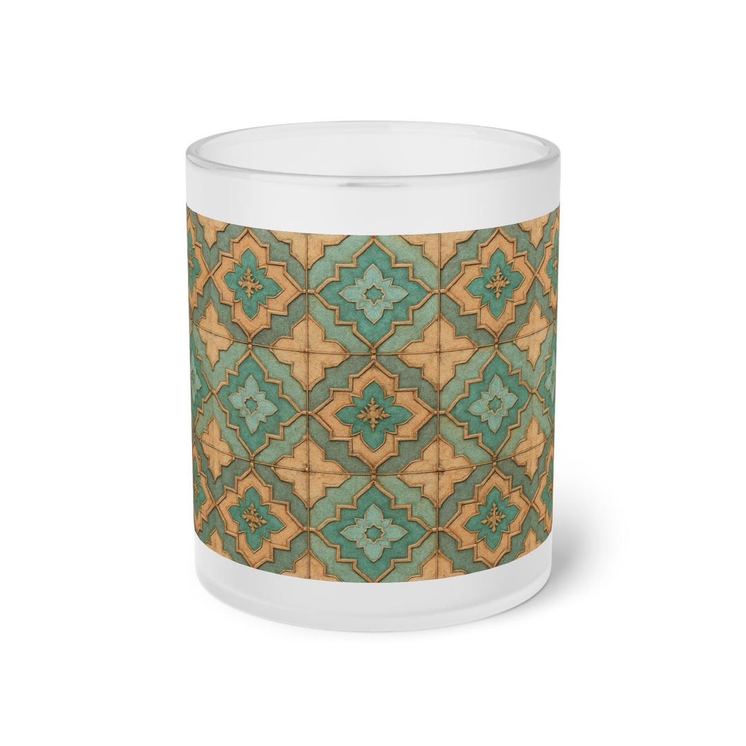Vintage Tile Pattern Frosted Glass Mug | Teal Gold Moroccan Geometric ...