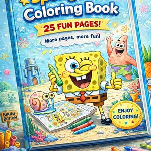 Op de afbeelding: Een kleurrijk SpongeBob kleurboek met gele titel. De cover toont SpongeBob met een groene stift, met Patrick Ster en andere personages. Het boek heeft 25 leuke pagina's en de tekst "Enjoy Coloring!"