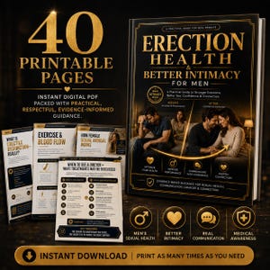 Può includere: Una guida digitale intitolata Erection Health & Better Intimacy for Men, con 40 pagine stampabili. La copertina mostra una coppia, testo dorato e icone per salute, intimità, comunicazione e consapevolezza sul flusso sanguigno.