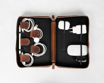 Personalized Leather Cable Organizer | Zippered Tech Accessory Case