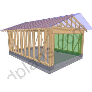 May include: A 3D architectural rendering of a wooden garage frame. The structure features a gabled roof with transparent panels, wooden beams, and a concrete foundation. The interior walls are green.