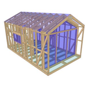 May include: A 3D architectural rendering of a small wooden structure, likely a shed or small building. The frame is constructed of light brown lumber, with blue and green accents. The roof is partially constructed.