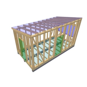 Può includere: Un rendering 3D di una struttura in legno, probabilmente un capannone o un piccolo edificio, di forma rettangolare. Il telaio è in legno marrone chiaro, con accenti blu e verdi. Il tetto ha una copertura traslucida colorata di viola.