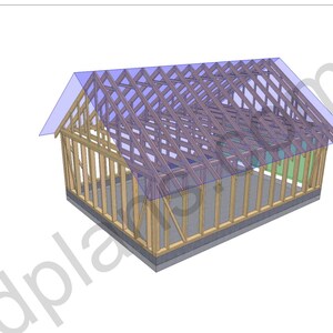May include: A 3D architectural rendering of a wooden building frame featuring vertical wall studs and a gabled roof truss system. The structure is set on a gray foundation base, with a translucent blue roof overlay and the text dplans.com visible.