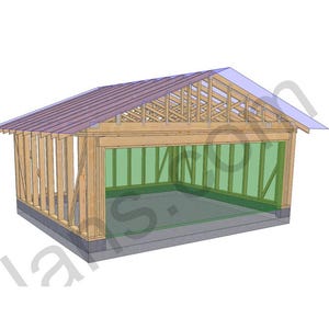 May include: A 3D architectural rendering of a garage under construction. The structure features a wooden frame, a purple roof, and green interior walls. The design is set against a white background, showcasing the building's framework.