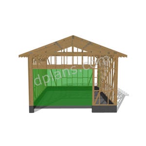 May include: A 3D architectural rendering of a wooden structure, likely a garage or shed, with a gabled roof. The frame is constructed of wooden beams, with green fill inside. The text "dplans.com" is visible.