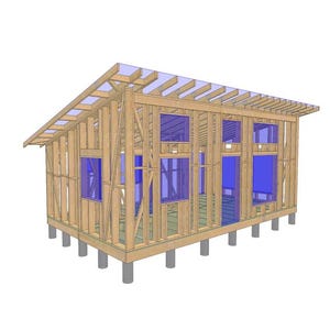 Puede incluir: Una representación 3D de una pequeña casa en construcción. La estructura de madera muestra la estructura de las paredes, el techo y las ventanas. Las ventanas están representadas por rectángulos azules. La casa está elevada sobre pilares de hormigón.
