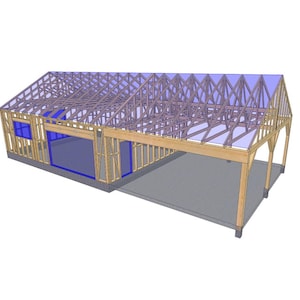 Op de afbeelding: Een 3D architectuurweergave van een houten constructie, waarschijnlijk een garage of werkplaats, met een zadeldak en een open carport. Het frame is gemaakt van lichtgekleurd hout, met blauwe accenten die ramen en openingen aangeven. De dakconstructie is zichtbaar.