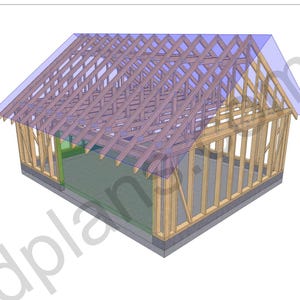 May include: A 3D architectural framing plan of a small building structure featuring a wooden wall stud framework, a concrete foundation base, and a roof truss system with a translucent blue roof plane overlay, showing the structural skeleton.