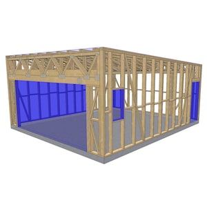 May include: A 3D architectural rendering of a building frame. The structure is made of light brown wood, with blue accents in the walls and window openings. The design shows the framework of a building.