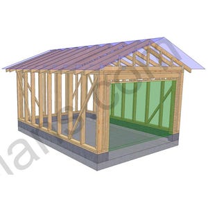 May include: A 3D architectural rendering of a wooden garage frame. The structure features a gabled roof with transparent panels, wooden beams, and a concrete foundation. The garage door opening is visible, with green panels inside.