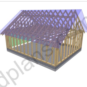 May include: A 3D architectural framing model of a rectangular building structure featuring a wooden wall stud framework, a roof truss system, and a translucent blue roof plane, set upon a solid gray foundation base with visible dplans text.