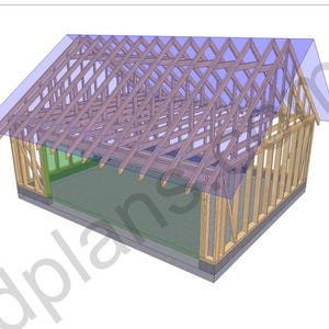 May include: A 3D architectural framing model of a small building structure featuring wooden wall studs and roof trusses. The roof is highlighted with a translucent blue overlay, and the interior floor area is shaded in green. The text dplans is visible.