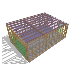 May include: A 3D architectural rendering of a rectangular wooden structure. The frame is constructed with brown beams and studs, with a partially visible roof and green-tinted walls. The design includes a shadow cast on a white background.