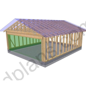 Puede incluir: Representación arquitectónica 3D de una estructura de garaje de madera. El diseño presenta un tejado a dos aguas con vigas a la vista y un frente parcialmente abierto. Las paredes están construidas con vigas de madera verticales y el interior es visible.