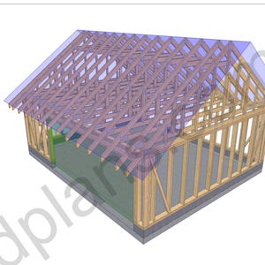 May include: A 3D architectural rendering of a wooden house frame structure. The design features vertical wall studs and a complex roof truss system made of light brown timber. A translucent blue plane represents the roof surface over the rafters.