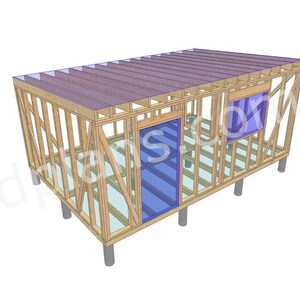 May include: A 3D rendering of a wooden structure, possibly a small building or shed, with a rectangular shape. The frame is made of light brown wood, with a roof and blue window and door openings. The structure is elevated on gray supports.