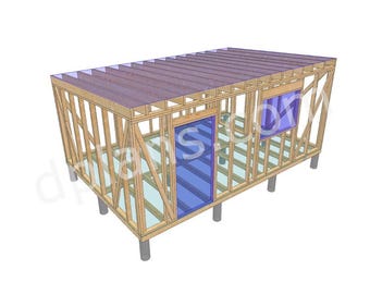 May include: A 3D rendering of a wooden structure, possibly a small building or shed, with a rectangular shape. The frame is made of light brown wood, with a roof and blue window and door openings. The structure is elevated on gray supports.