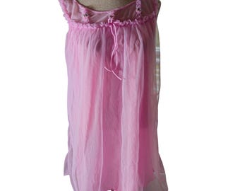 Koszula nocna typu babydoll z różowego szyfonu w stylu vintage, rozmiar średni, dziewczęca, przezroczysta, w stylu retro