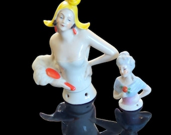 2 antyczne niemieckie figurki z biskwitu, porcelanowe, półlalki, igielniki, akcesoria do szycia