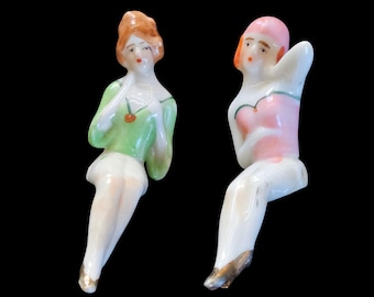 2 antyczne niemieckie biskwitowe poduszeczki kąpielowe, półlalki, toaletka w stylu art déco