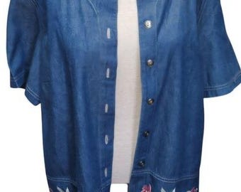 Vintage Koret City Blues Denim Top z krótkim rękawem damski rozmiar 16 zapinany na guziki
