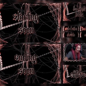 Peut inclure: Un ensemble de superpositions pour streaming numérique avec un fond noir, des motifs de toile rouges et des chaînes métalliques. Le texte inclut Starting Soon, Ending Soon, Be Right Back, Subscribe, Instagram, Discord, About et Offline en police gothique.