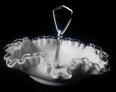 Vintage Milk Glass Silver Crest Dish with Handle by Fenton - Candy Dish - Nut Dish