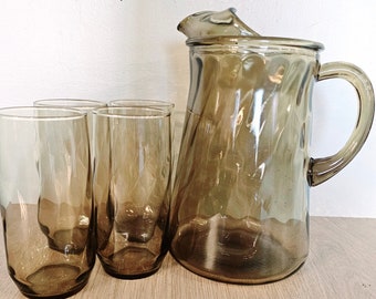 Vintage MCM Tawny Smoke Brown Pitcher with 4 tall Tumbler Set.