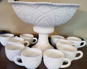 Vintage Milk Glass McKee Concord Punch Bowl Set with 10 Cups. Wedding Punch Bowl. Special Event.