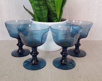 Vintage Fostoria Dark Blue Set of 4 Paneled Coupe Glasses. Vintage Mod Blue Coupes. Champagne Coupes.